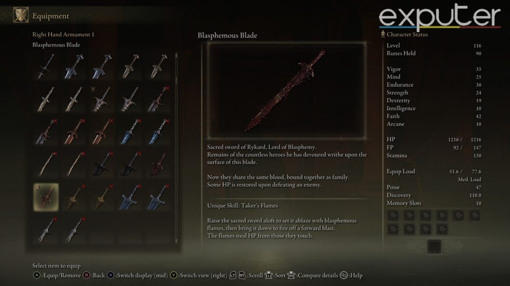 Elden Ring Blasphemous Blade Build Stats Armor Spells