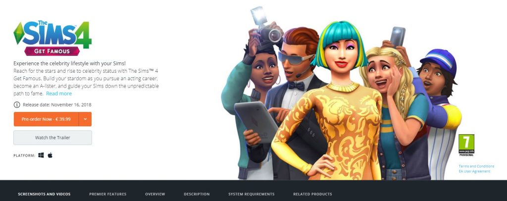 Sims 4: Get Famous pre order page