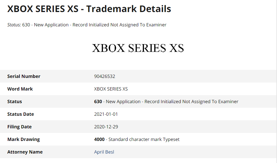 Xbox Series XS Trademark Details