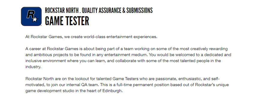 Game Tester Job at Rockstar Games Careers