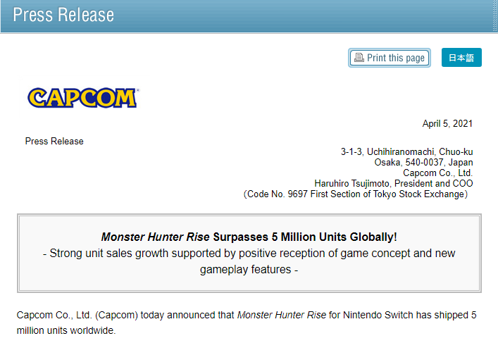 Monster Hunter Rise Surpasses 5 Million Units Globally