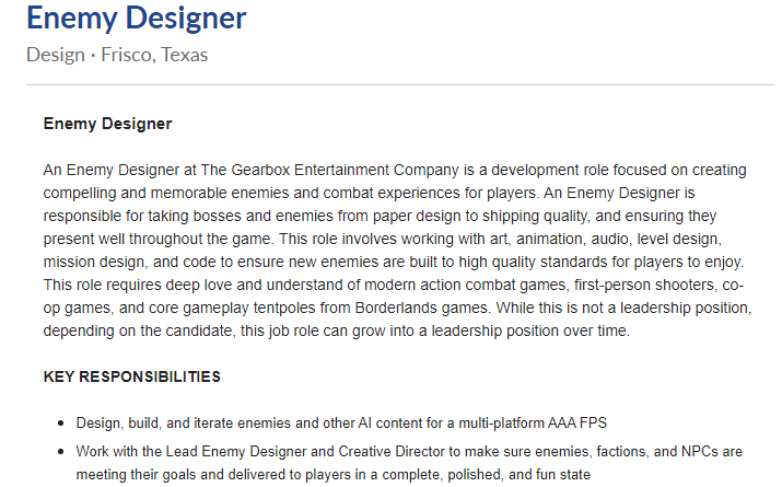 Enemy Designer Job Opening