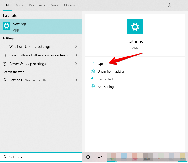 Opening Settings on Windows 10
