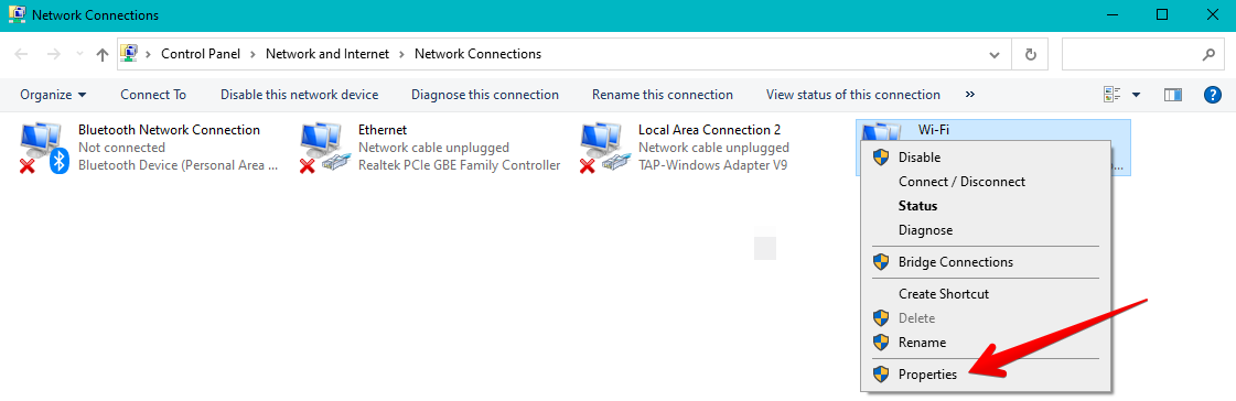 Opening the Properties of the Network Connection