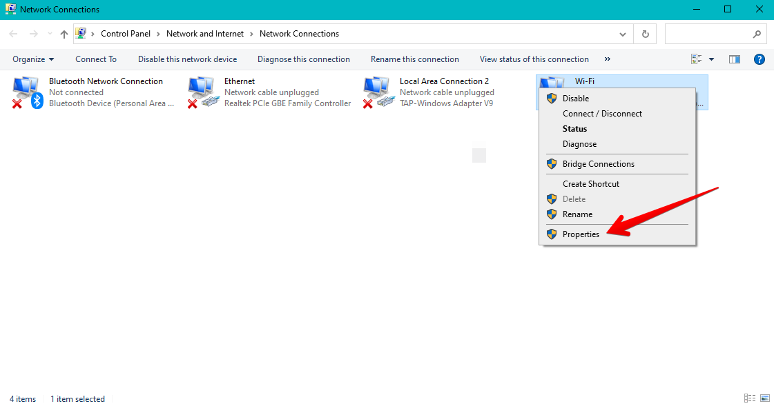 Opening the Properties of the Network Connection