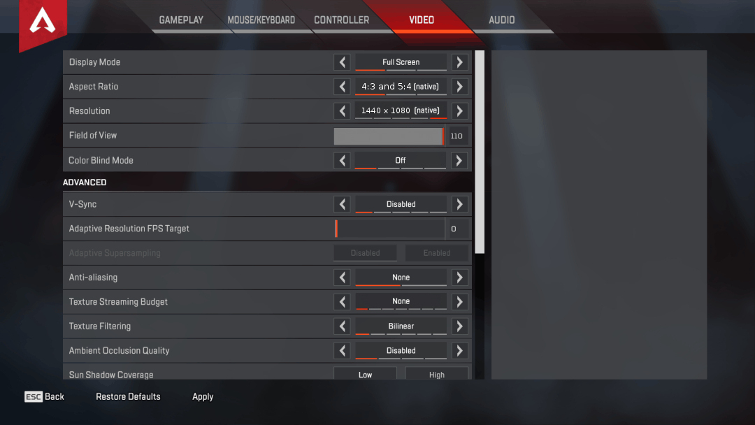 Apex Legends Video settings