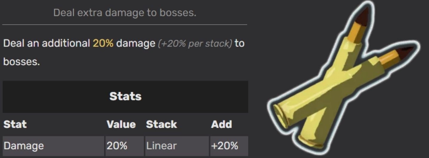 The Armor-Piercing Bullets 20% additional damage to bosses.