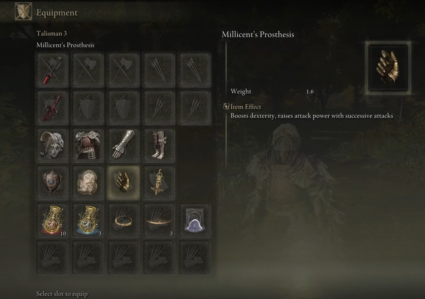 Elden Ring Vampire Build Millicent's Prosthesis talisman Stats