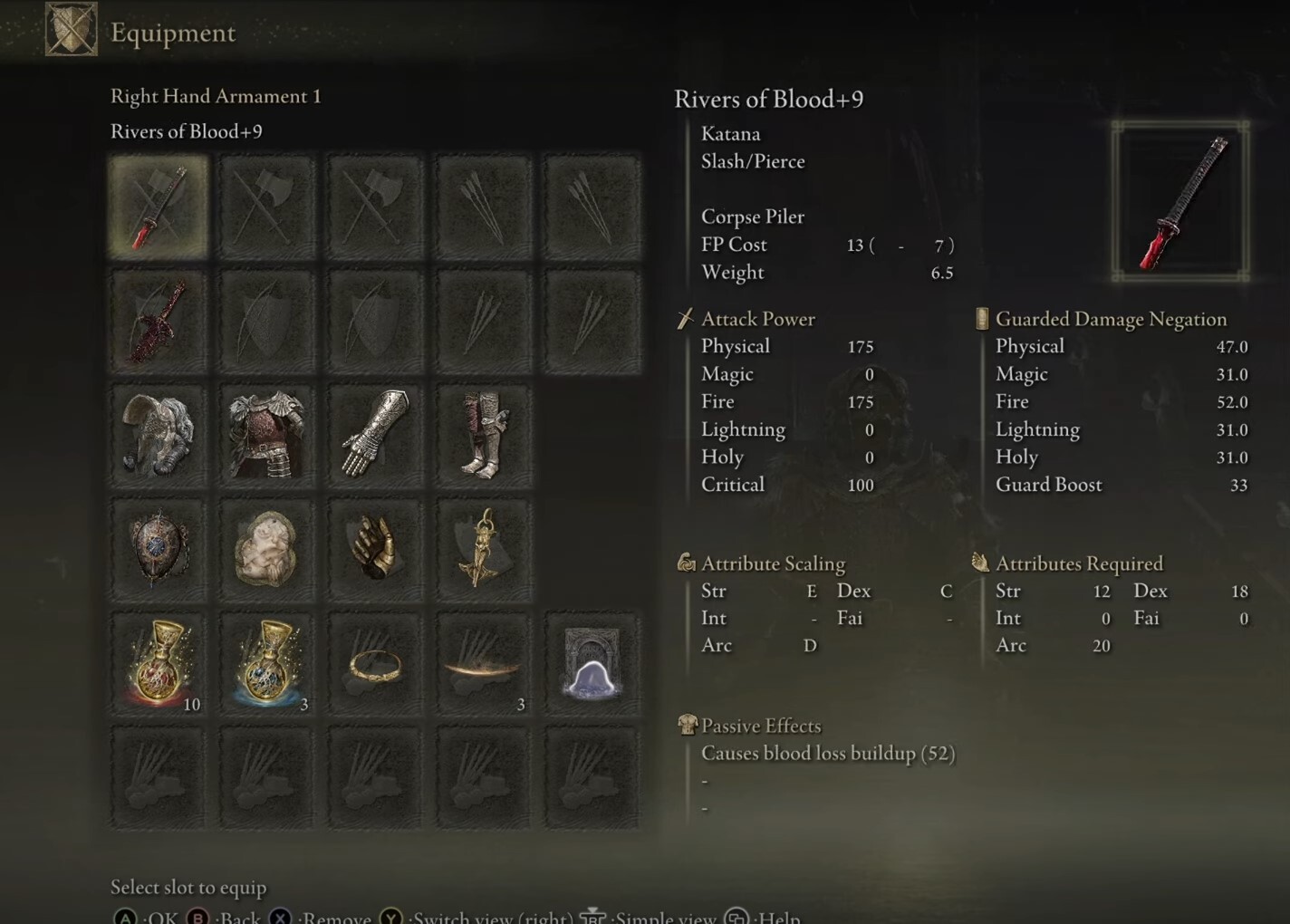 Vampire Build Rivers of Blood Katana Stats