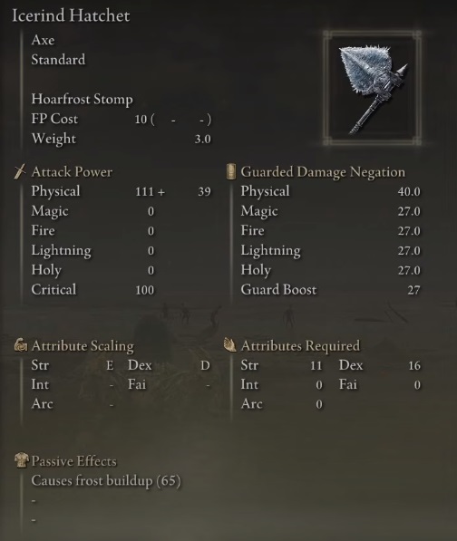 Stats of the Icerind Hatchet weapon.