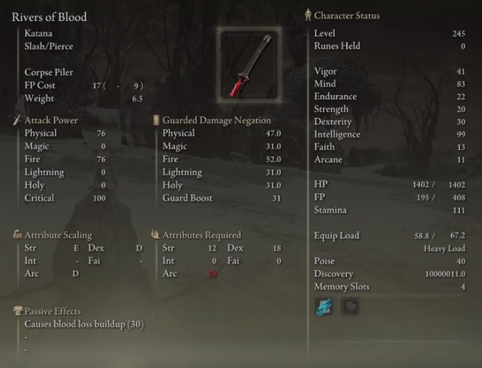 Elden Ring Rivers Of Blood Katana stats