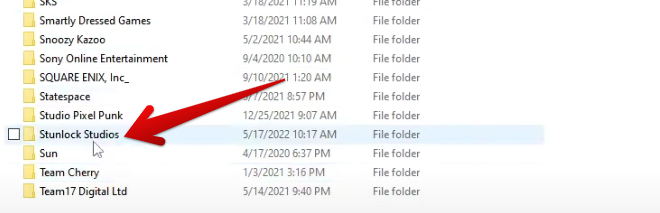 Selecting the "Stunlock Studios" Folder