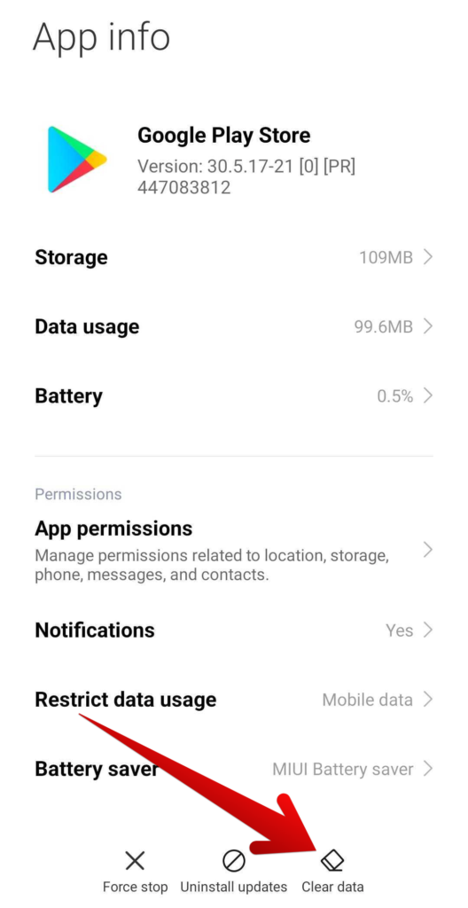 Tapping on the "Clear data" Option for Google Play Store