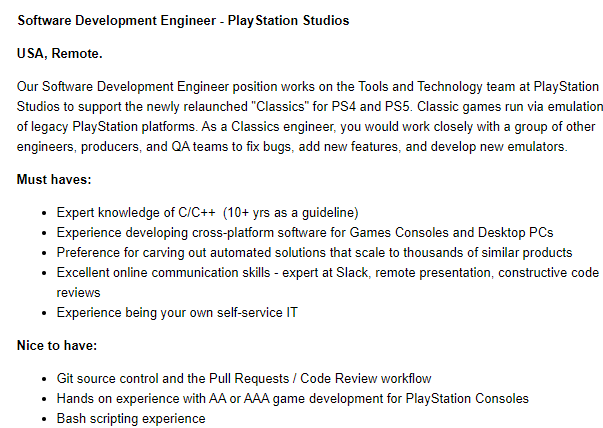 Sony PlayStation Job listing