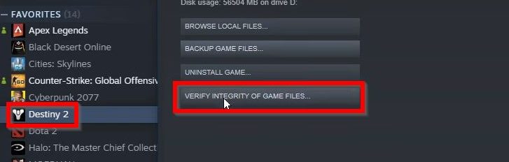Destiny 2 verify files steam weasel error