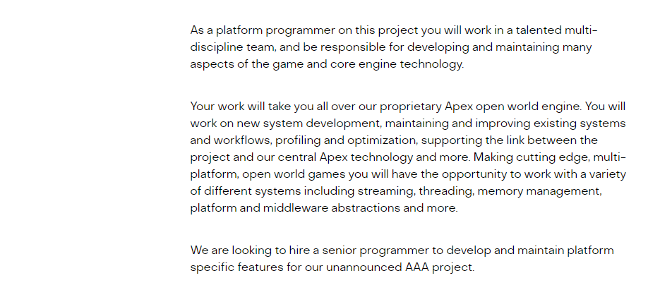 The description of the recently posted job listing on Avalanche Studios' site.