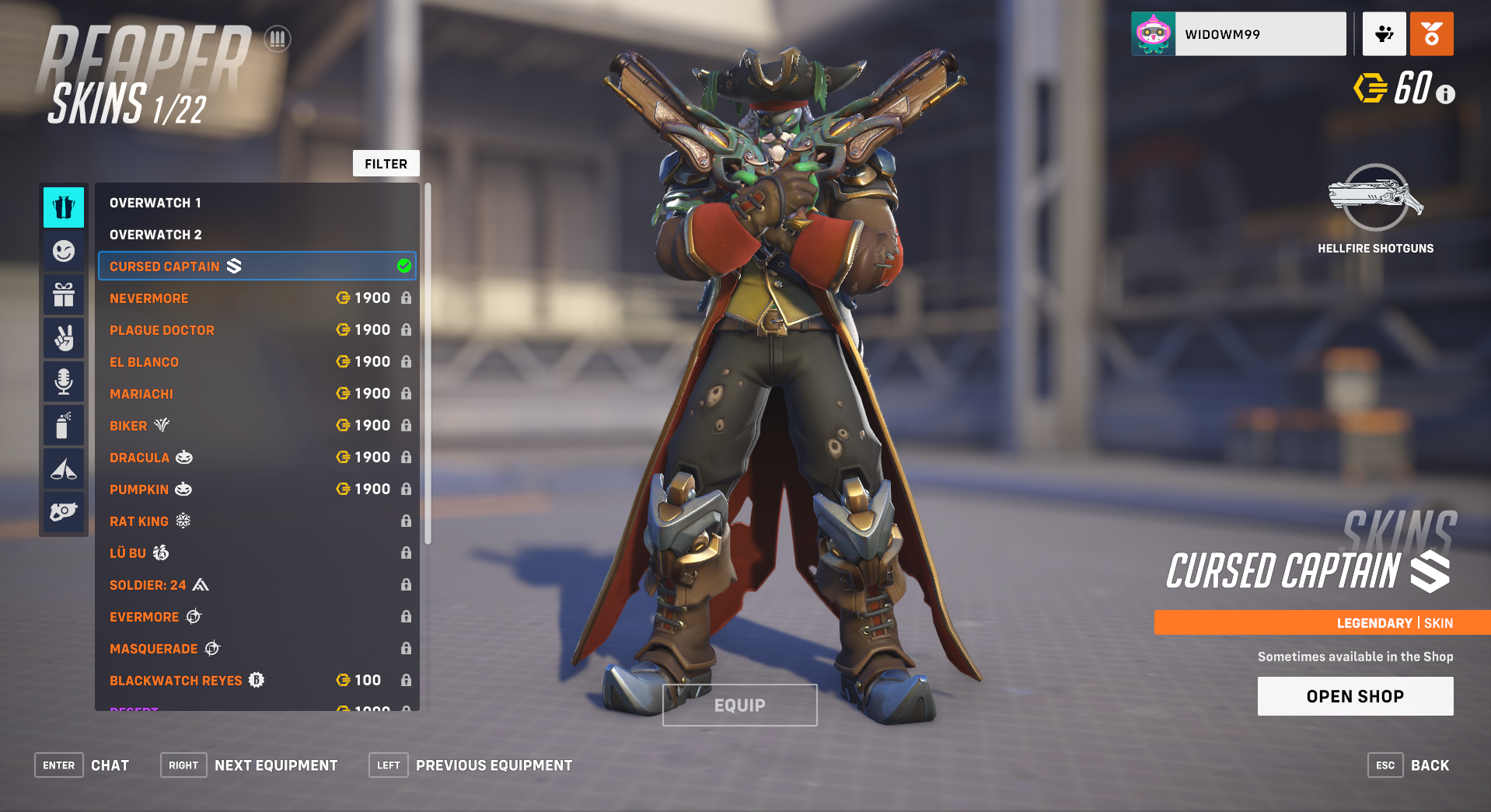 Reaper's Cursed Captain Free Legendary skin from Overwatch 2 Halloween event 2022.