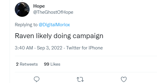 Hope on Twitter, "Raven likely doing campaign"