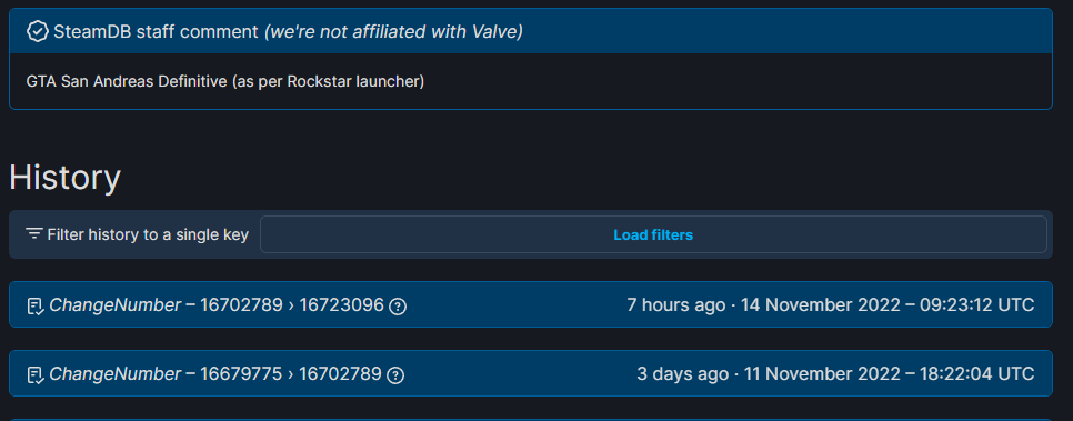 GTA: San Andreas Definitive update history on SteamDB.