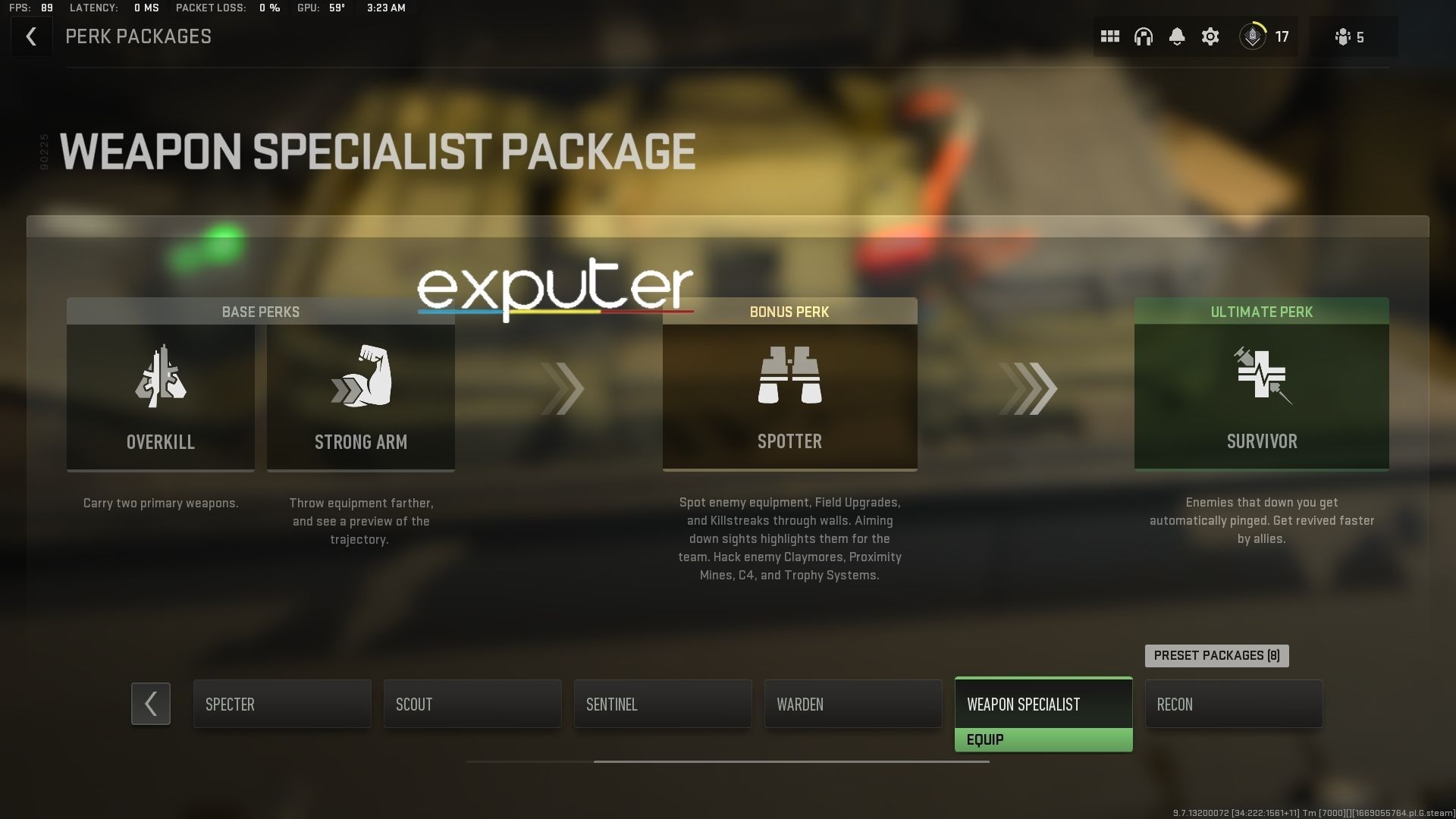 Weapons Specialist perk package