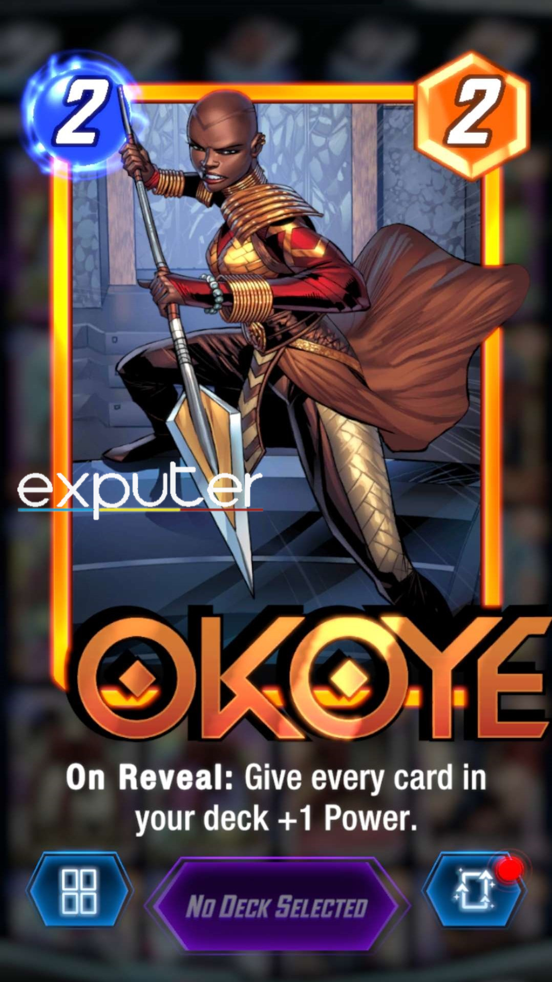 Showing Okoye, a Pool 2 meta character that gives +1 Power to your entire hand