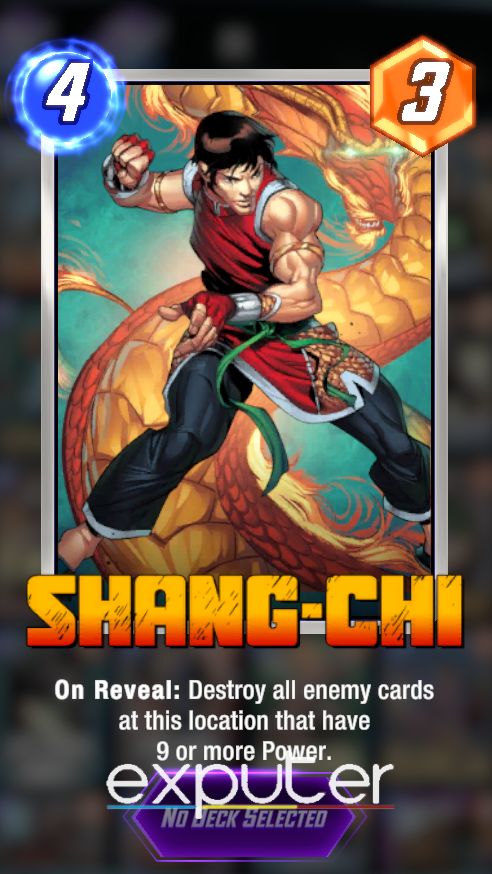 Showcasing Shang-Chi, a card that can destory all enemy cards with 9 or more power