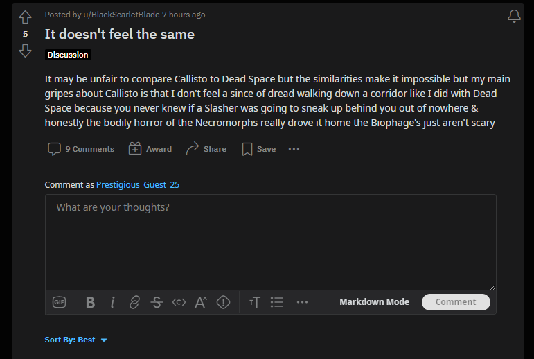 A Reddit user complains about the lack of dread in The Callisto Protocol.
