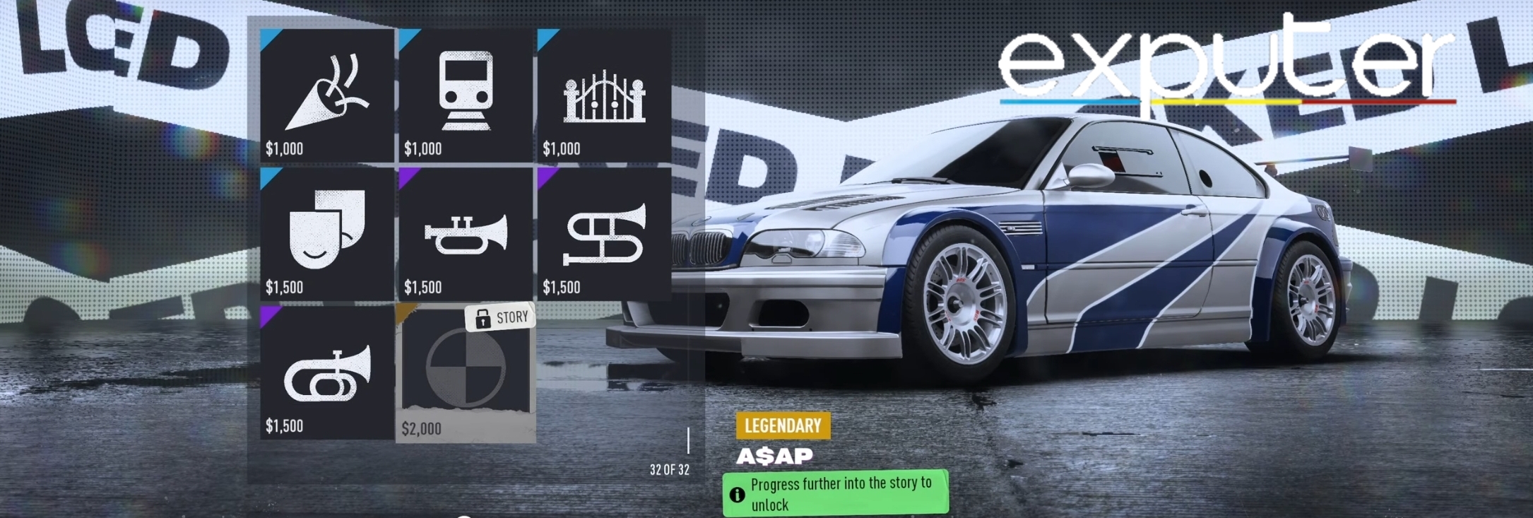 Customization options for BMW M3 GTR in NFS Unbound 