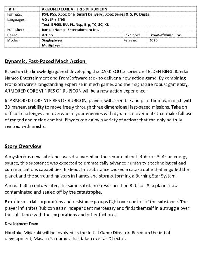 Bandai Namco fact sheet Armored Core VI