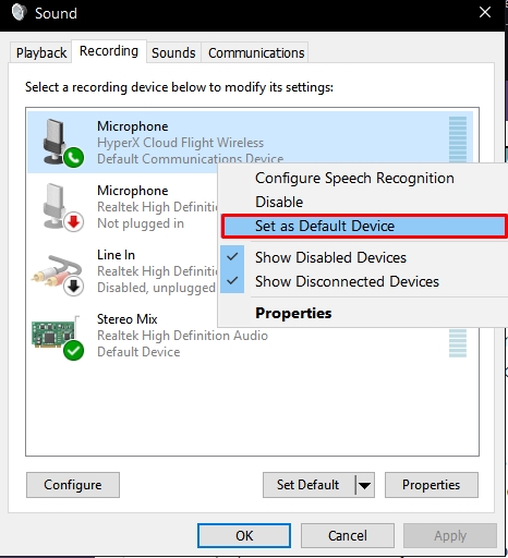 Set microphone as default