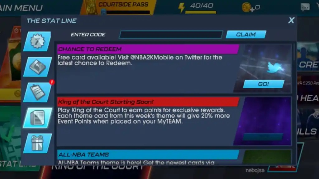 Redeeming NBA 2K Mobile Codes.