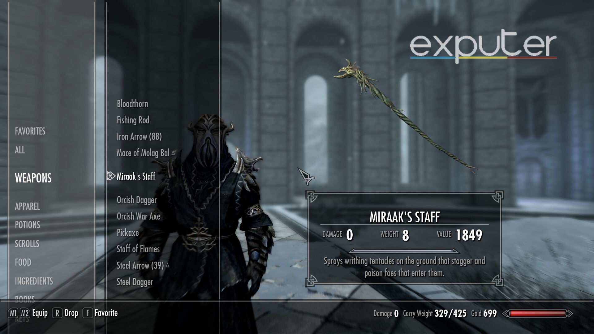 The powerful Miraak's Staff mage gear in Skyrim.