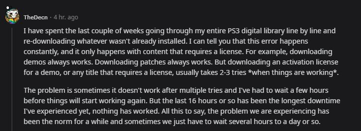 According to the user, the error only pops up when you're trying to download a PS3 title that requires a license.