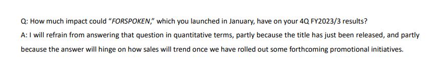 Yosuke Matsuda, president and representative director of Square Enix, answered a question regarding Forspoken's impact on 4Q FY2023/3.