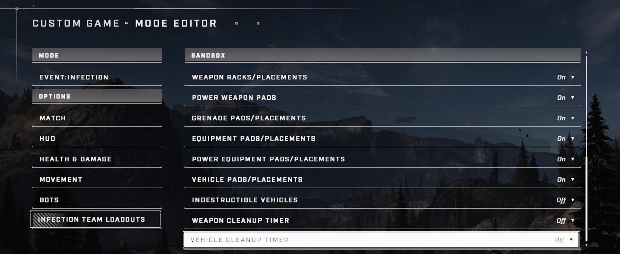 Sandbox settings in Halo Infinite Infection mode.
