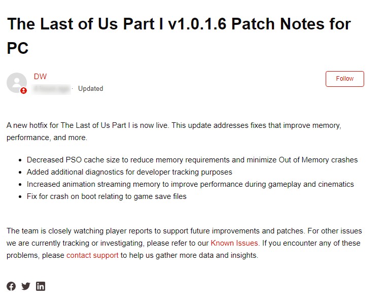 The Last of Us Part I v1.0.1.6 Patch Notes for PC