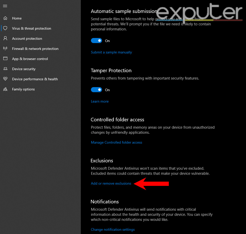 Screen showing the add exception option in the Windows Defender settings.