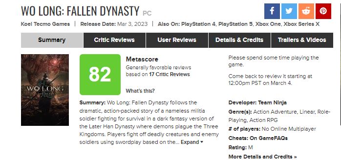 Wo Long: Fallen Dynasty scores 82 on Metacritic.