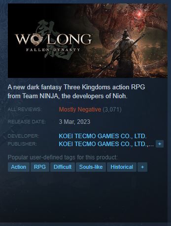 Wo Long: Fallen Dynasty received a significant number of negative reviews on release day.