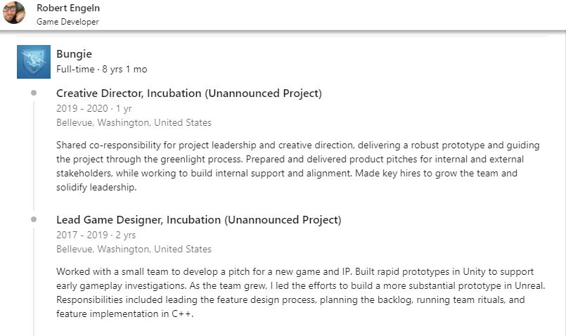 LinkedIn profile of former Creative Director at Bungie, Robert Engeln