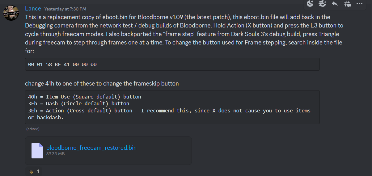 Lance Mc Donald's original post detailing the list of instructions required to install the new Bloodborne mod.