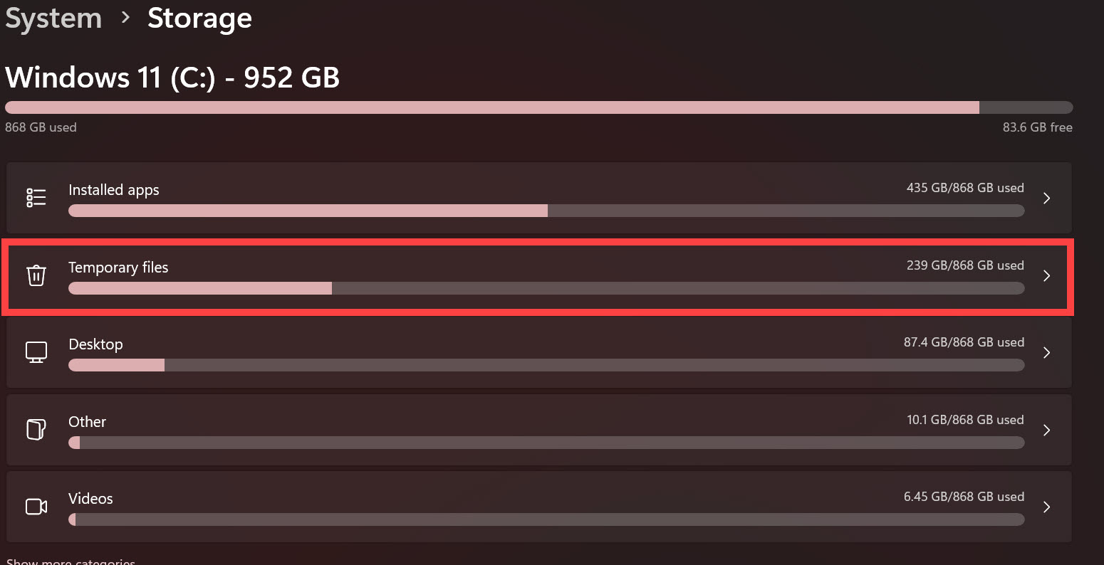 Temporary Files in Settings