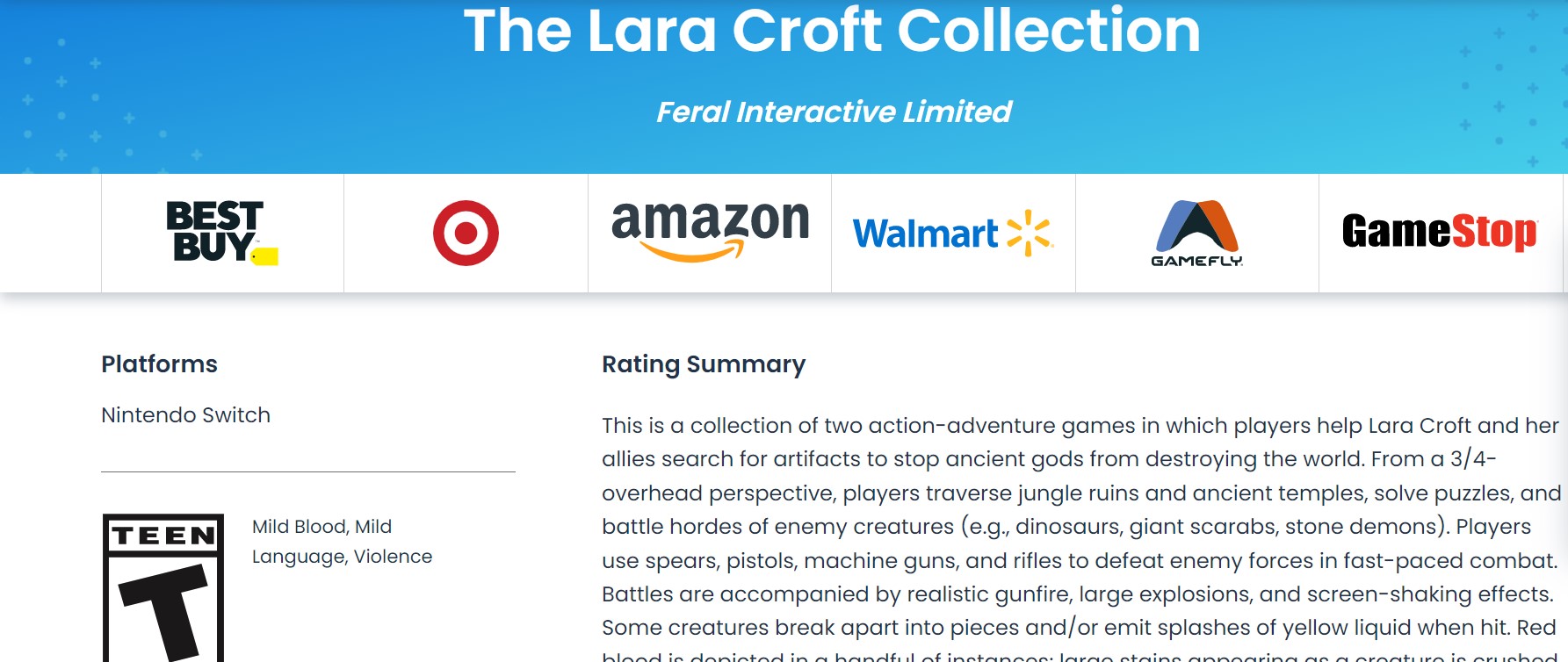 Lara Croft Collection ESRB Rating