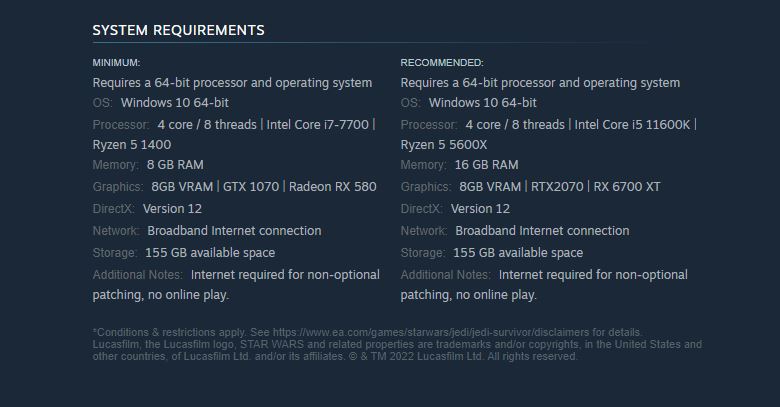 Jedi survivor system requirements