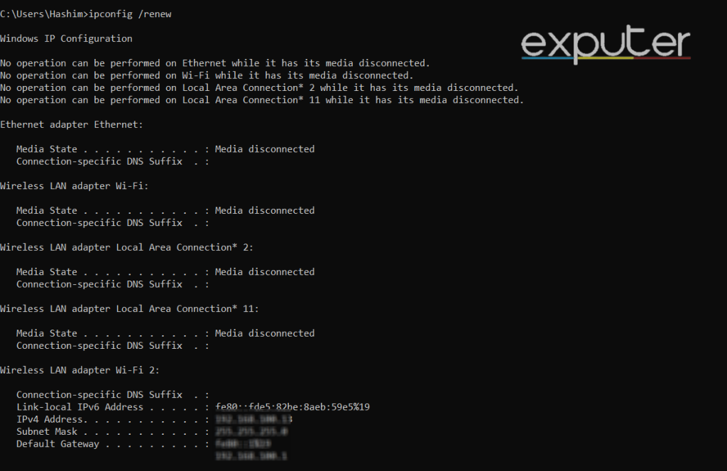 Some users face an error while renewing IP address using CMD