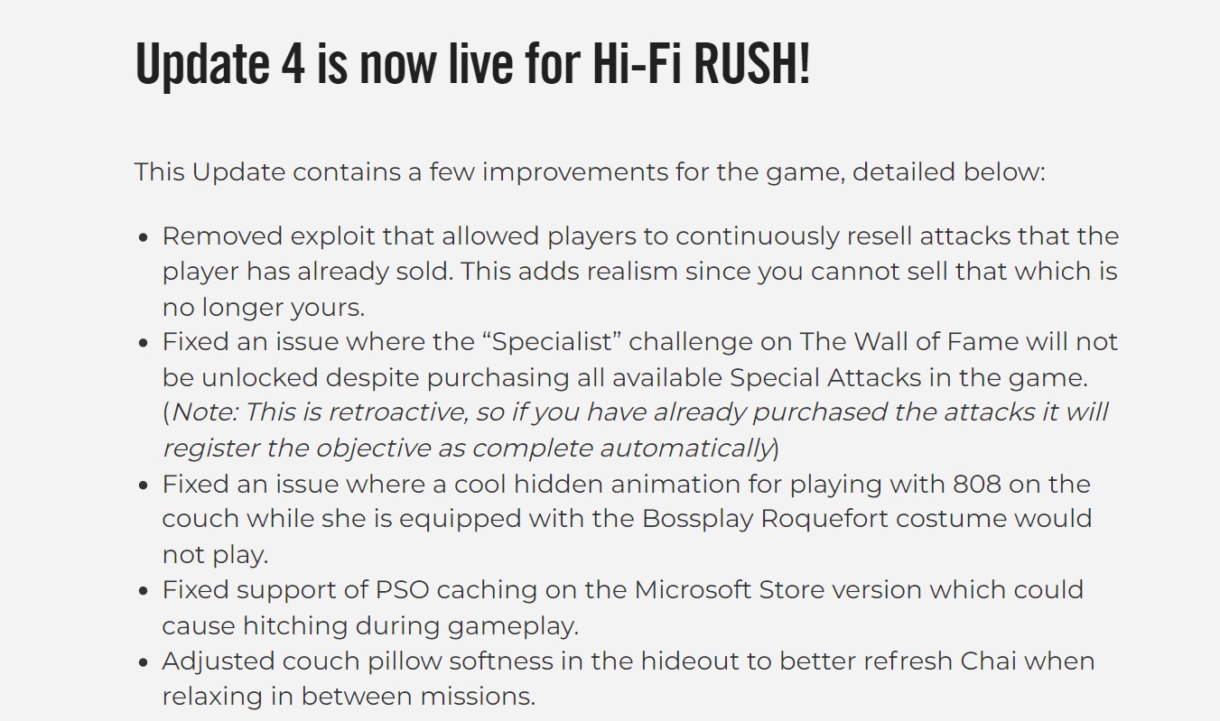 Hi-Fi Rush patch notes