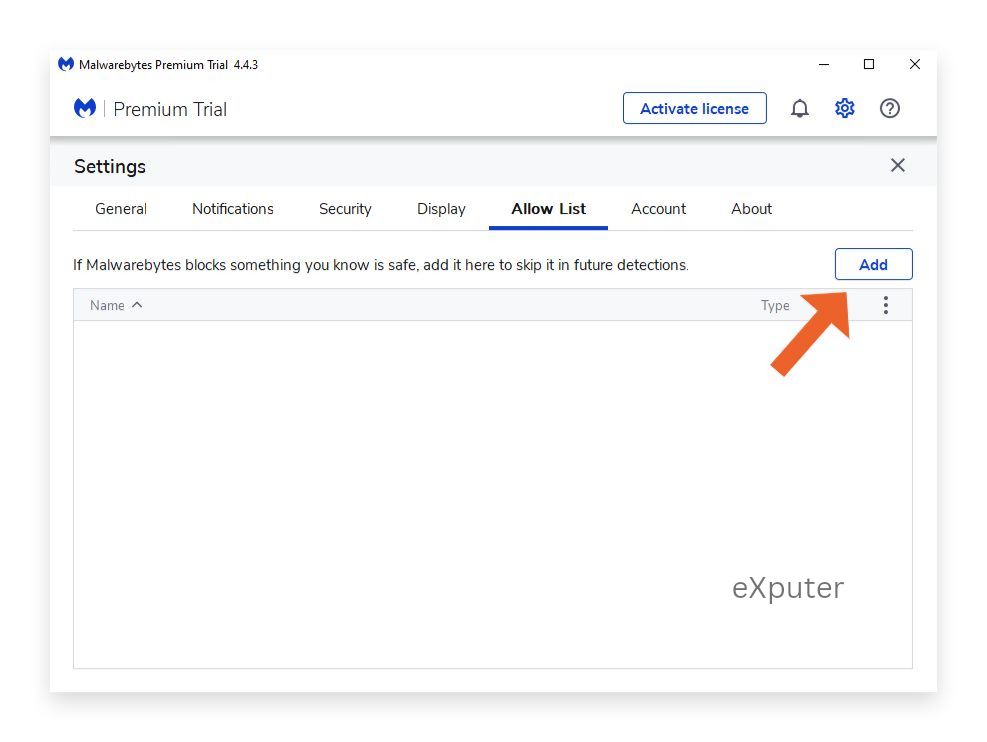 In allow list of malware bytes clicking on add