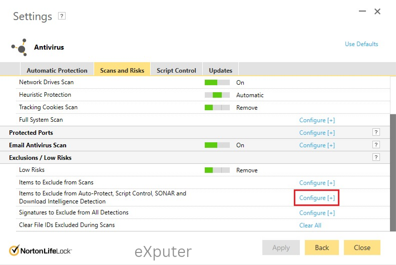 Configure - Item To Exclude From Auto-Protect, Sonar, and Download Intelligence Detection.