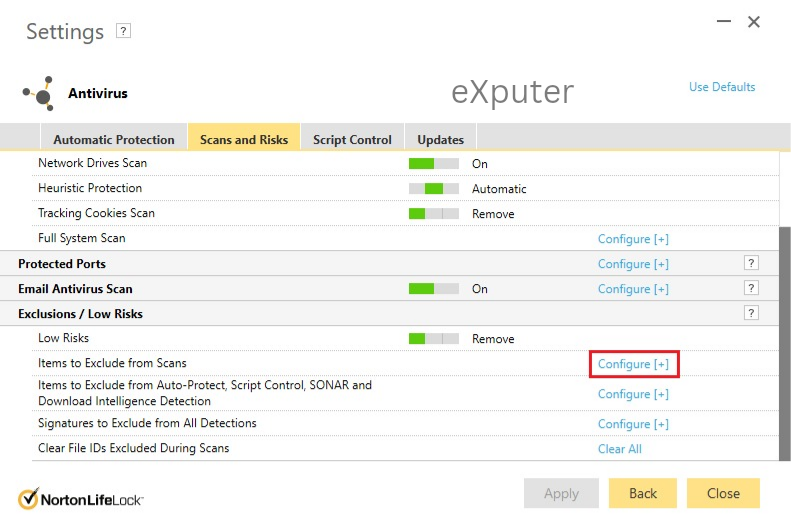 Configure - Items to exclude from Scans