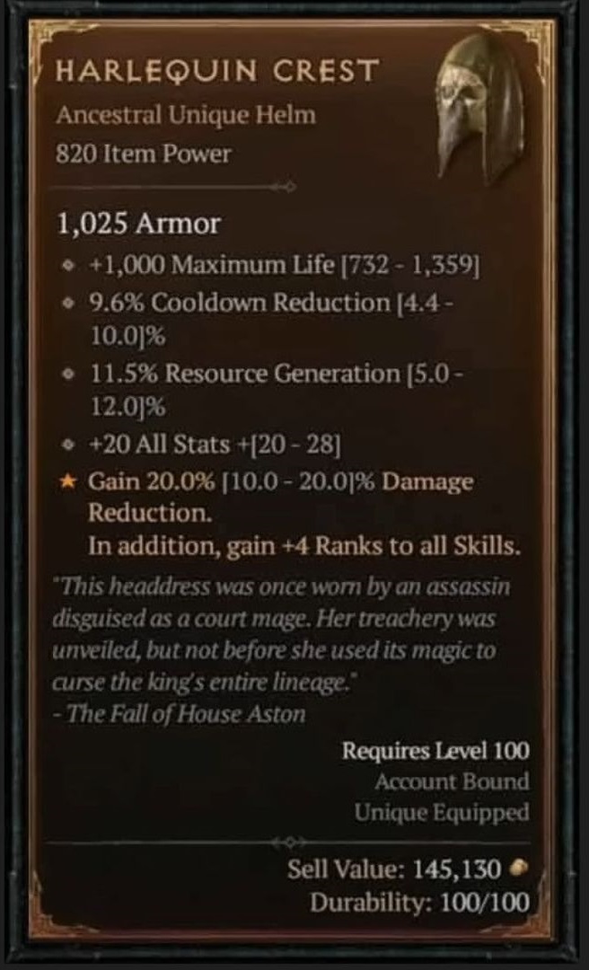 Harlequin Crest stats.